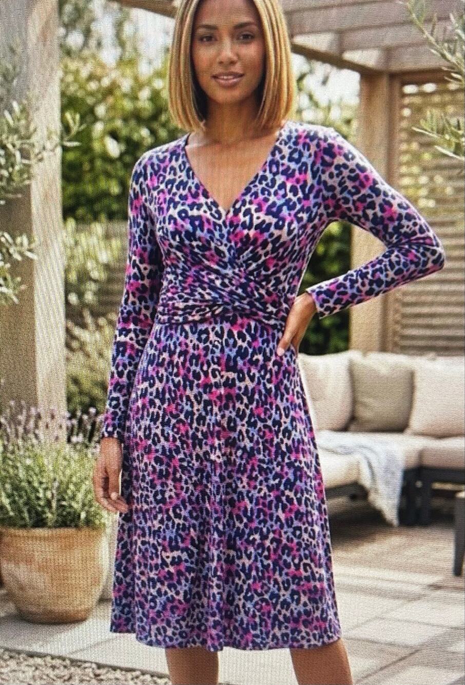 Pact Organic Multicolor Leopard Midi Faux Wrap Dress Pink Blue Purple Long Slv
